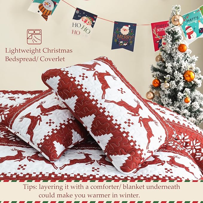Exclusivo Mezcla Reversible Christmas Quilts Queen Size, Red Bedspread Lightweight Coverlet Winter Quilt Bedding Set with Printed Striped Reindeer Snowflakes Pattern (1 Quilt, 2 Pillow Shams)