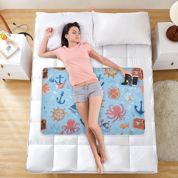 Waterproof Bed Pad Reusable Changing Pad Toddler Mattress Protector Large Pee Pad Baby Diaper Pad Soft Washable Liner Blue Pirate Treasure Box Anchors Octopus