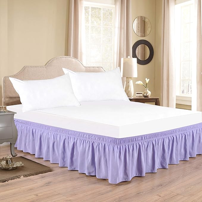 Wrap Around Bed Skirts Elastic Dust Ruffles, Easy Fit Wrinkle and Fade Resistant Silky Microfiber Fabric Solid Color Bedskirt, 12 Inch Tailored Drop Lavender for Twin Size Bed Skirt
