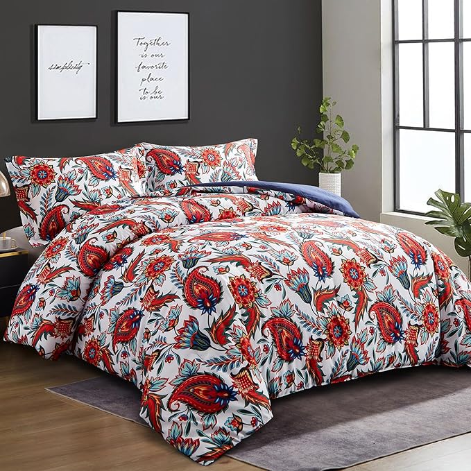 Ikawaapurry Floral Queen Size Comforter Set for Queen Bed Farmhouse Boho Bedding Comforter Sets Fluffy Lightweight Flowers Plants All Season 3 Pieces Comforter Queen with 2 Pillow Shames