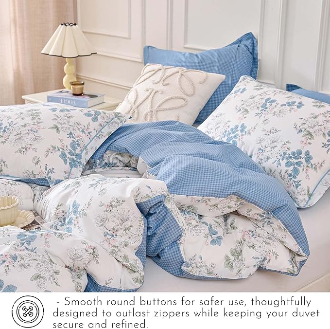 French Country 100% Natural Cotton Duvet Cover Sets 3Pcs - Delicate Pastel Floral Print on White with Soft Blue Mini Check Reverse, Neutral Bedding Set with Button Closure(King,104"×90"
