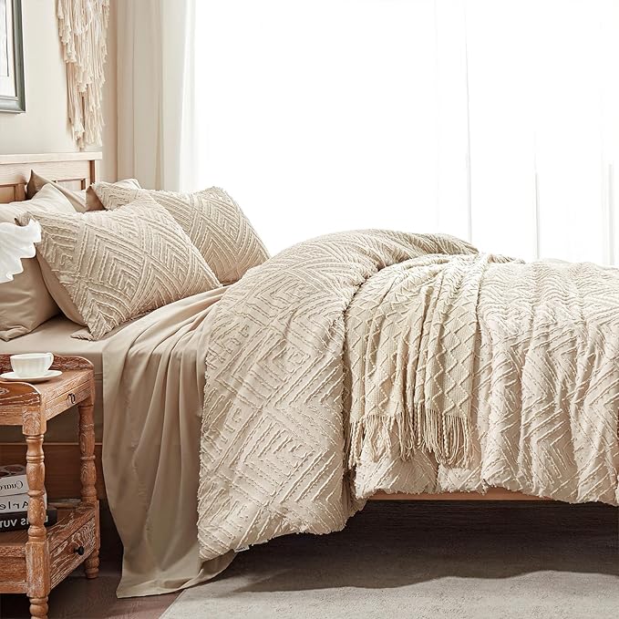 Zzlpp Full Comforter Set 7 Pieces, Beige Tufted Bed in a Bag with Comforter and Sheets, All Season Boho Bedding Sets with 1 Comforter, 2 Pillow Shams, 2 Pillowcases, 1 Flat Sheet, 1 Fitted Sheet