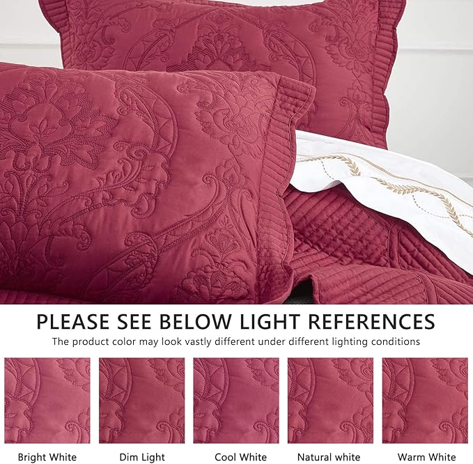 CHIXIN Oversized Bedspread Coverlet Set King Size - Lightweight Bedding Cover - Beautiful Stitching - 5 Piece Reversible Bedspread - Gorgeous Damask Paisley Pattern (King, Wine Red)