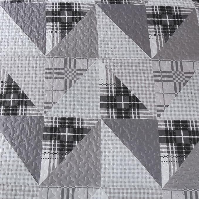 Annibedding Patchwork Quilt Set King Size, Grey Geometric Bedspread Plaid Patchwork Bedding Set for All Season, Soft Lightweight Bedspread with Wave Quilting (King, 110''x90'')