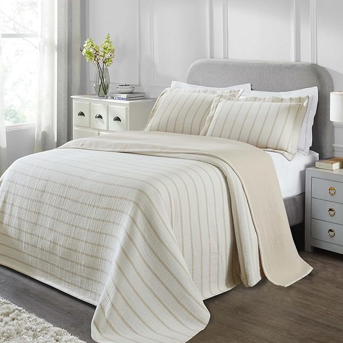 Superior 3 Piece Cotton Reversible Bedspread and Sham Set, Home Bed Decor, Decorative Bed Spread, 2 Pillow Shams, Medium Weight, Matelasse Coverlet Bedding, Valencia Collection, King Size, Beige