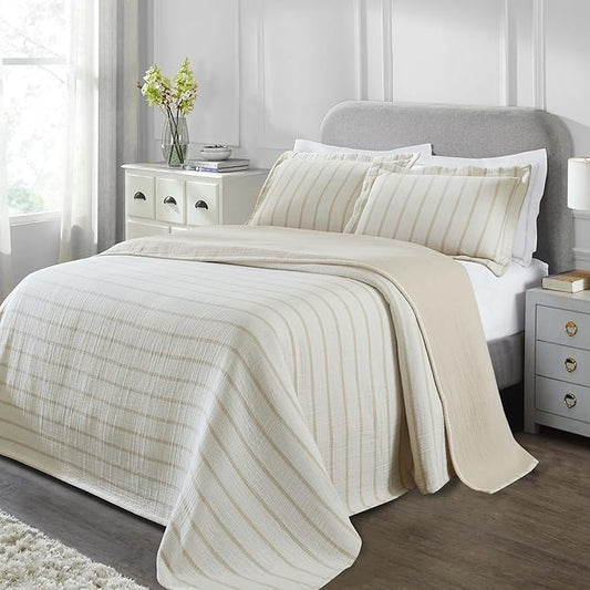 Superior 3 Piece Cotton Reversible Bedspread and Sham Set, Home Bed Decor, Decorative Bed Spread, 2 Pillow Shams, Medium Weight, Matelasse Coverlet Bedding, Valencia Collection, Full Size, Beige
