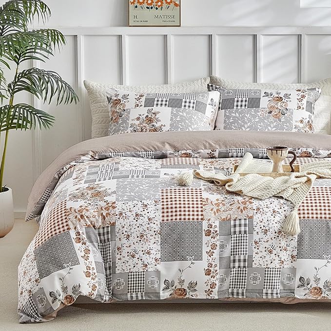 Lekesky King Size Duvet Cover Set, Patchwork Floral 3 Pieces Reversible Grey Duvet Cover Set, Ultra-Soft Microfiber 3 Pieces Comforter Cover with Zipper and Corner Ties, Includes 2 Pillowcases