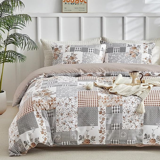 Lekesky King Size Duvet Cover Set, Patchwork Floral 3 Pieces Reversible Grey Duvet Cover Set, Ultra-Soft Microfiber 3 Pieces Comforter Cover with Zipper and Corner Ties, Includes 2 Pillowcases