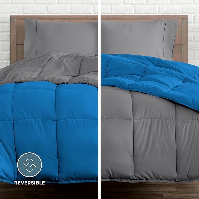 Bare Home Reversible Bed-in-A-Bag Comforter & Sheet Set - Twin - Down Alternative - Soft - Bedding Set (Twin, Medium Blue/Grey, Grey)