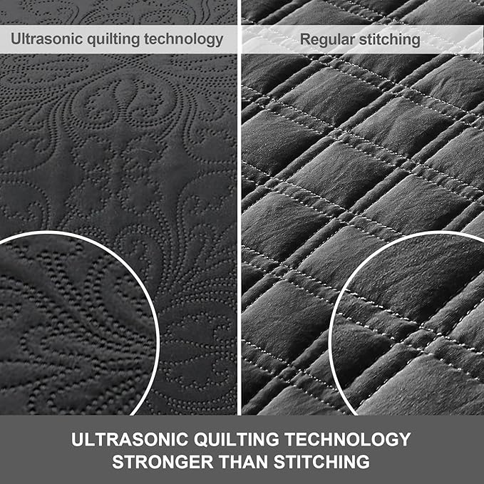 Hansleep Black Quilt Queen Size - Baroque Ultrasonic All Season Bedspread Queen, Soft Lightweight Coverlet Bedding Set, 3 Pieces (1 Quilt, 2 Pillow Shams)