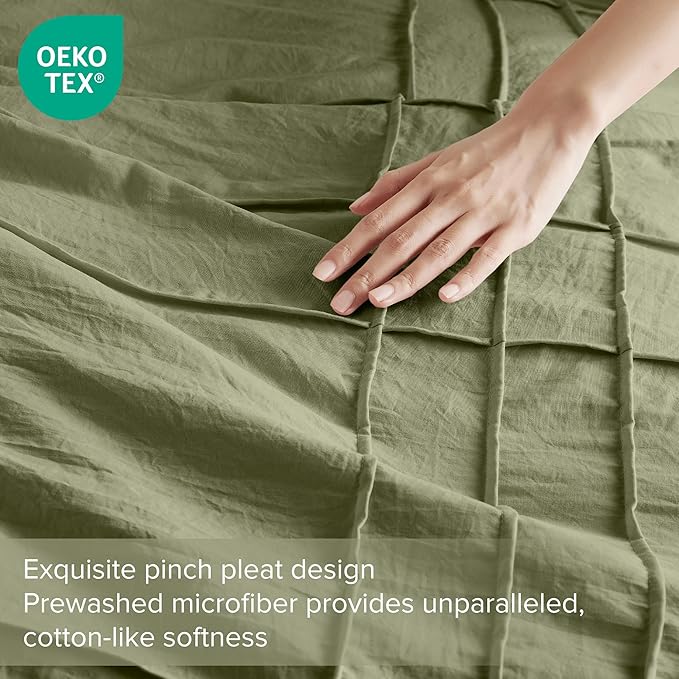 Comfort Spaces Olive Green King Size Duvet Cover Set - 3-pc Pintuck Pleated Duvet Cover & Shams, King, All Season Lightweight, Extra Softness Pre-Washed Microfiber