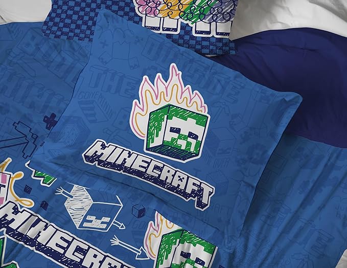 Jay Franco Kids Comforter Set Includes Sheets and Pillow Covers - Soft and Cozy Bed Set for Stylish Room Decor, Blue - Minecraft 02, 7 Piece Full Bedding
