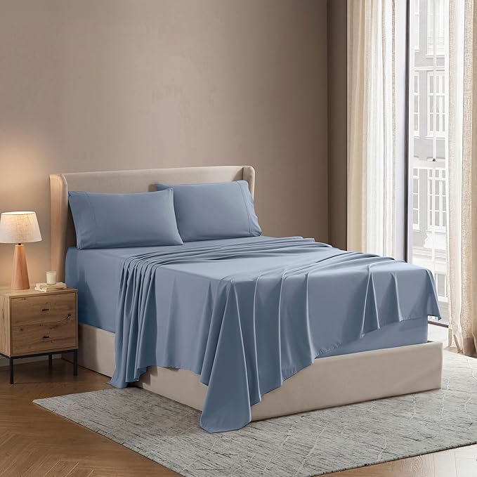 Nestl Split King Sheet Set - 1800 Ultra-Soft Microfiber Bed Sheets - Double Brushed - Deep Pockets - Easy Fit - 5 Piece Set - Bed Sheets & Pillowcases (Split King, Stone Blue)