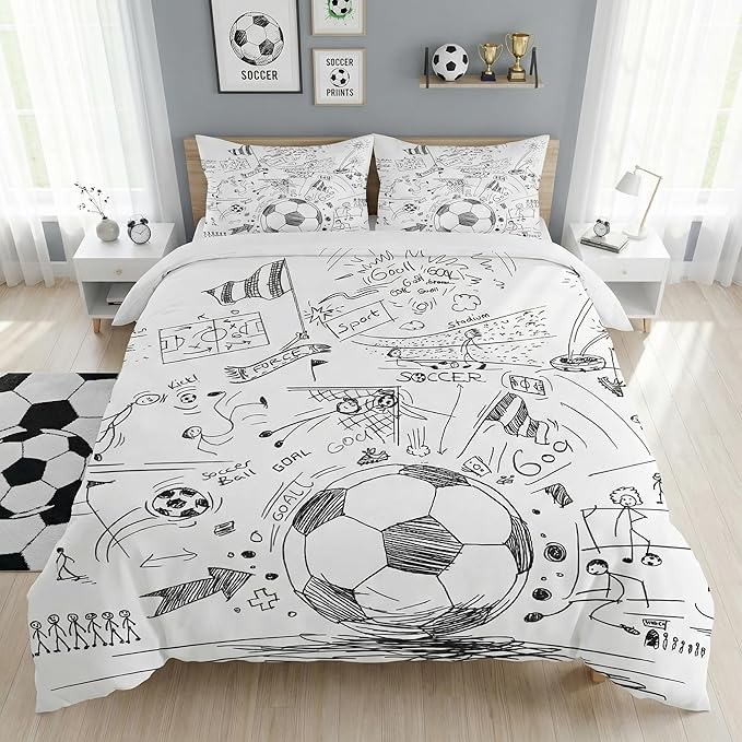 Full Size Comforter Set with 2 Pillowcases, Game Painting Ball Cup Soccer Soft 3 Pcs Bedding for Kids and Adults Bedroom Bed Decor