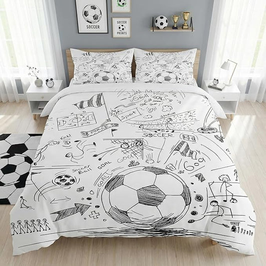 Full Size Comforter Set with 2 Pillowcases, Game Painting Ball Cup Soccer Soft 3 Pcs Bedding for Kids and Adults Bedroom Bed Decor