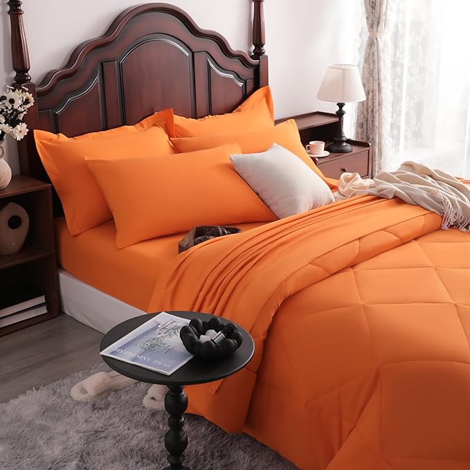 NTBAY King Comforter Set with Sheets, 7 Pieces Soft and Breathable King Bedding Set, Bed in a Bag, Down Alternative Comforter Set Solid Color All Season, Orange