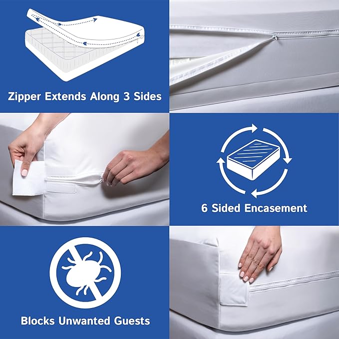 Full Extra Long (XL) Mattress Protector Zippered Waterproof Encasement Hypoallergenic Premium Quality Cover Protects Against Dust Allergies White