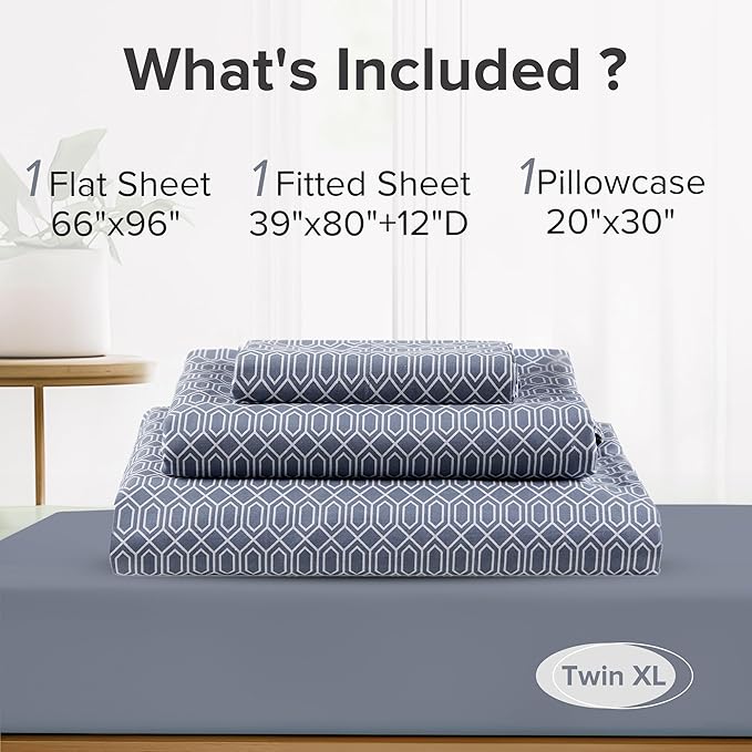 Comfort Spaces 100% Cotton Sheets Twin XL, Breathable, Naturally Cool Cotton Sheets, Soft Cotton Bed Sheets with 14" Elastic Pocket Fits up to 16" Mattress, All Seasons Sheet Set, Diamond Blue 3 Piece