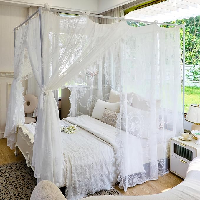 AIKASY Elegant Lace Princess 4-Poster Bed Canopy Mosquito Net - Romantic Wedding Bridal Bedroom Decor, Kids Room Bed Curtain for Women Adults - (White-2,Full)