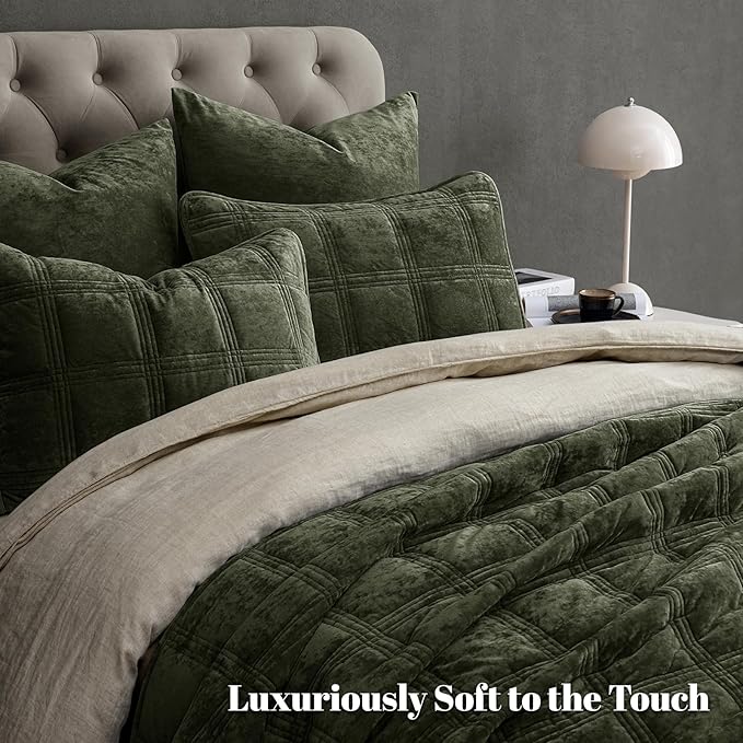 PHF Ultra Soft Velvet Quilt Set Twin Size – 2PCS Luxurious Cozy Quilted Comforter Alternative with Diamond Pattern, Warm Quilted Bedspread Coverlet, 68" x 92", Smokey Olive