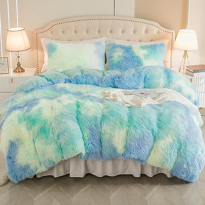 EMME Luxury Blue Fuzzy Duvet Cover Set Twin Size Fluffy Comforter Cover Set 2 Pieces Shaggy and Plush Soft Bedding Duvet Covers (Tie Dye Blue, Twin)