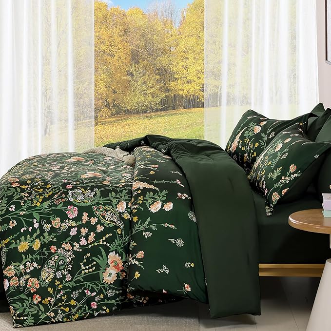 Yiran Comforter Set King Size Dark Green, 7 Piece Floral Flowers Comforter Bedding Set, Bed in a Bag King, Soft Microfiber Complete Bedding Set with Sheets for All Season