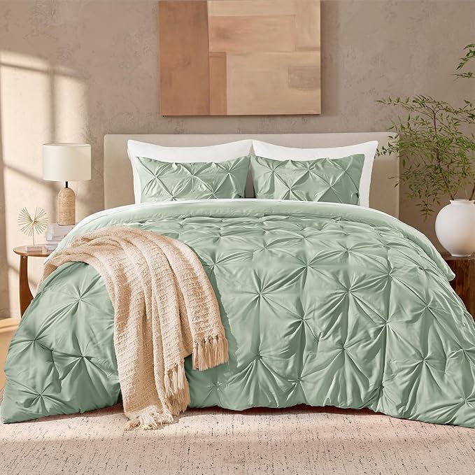 Andency Sage Green Oversized King Comforter Set (120x98Inch), 3 Pieces Lightweight Pinch Pleat Cal King Bedding Comforters & Sets, Oversized Pintuck Soft Fluffy Alternative Bed Set for All Season