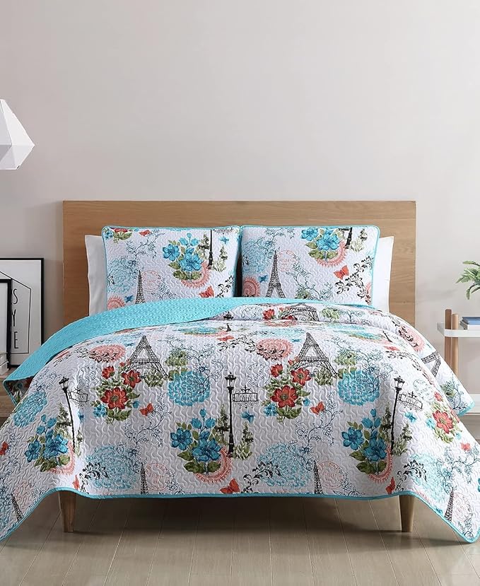 VCNY Home Blue Quilt for Queen Bed - 3-Piece Full or Queen Comforter Alternative, Bedspread Coverlet with Shams (Eiffel Paris Decor)