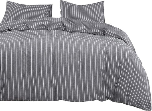 Wake In Cloud - Striped Cotton Duvet Cover Set, Ticking Stripe Vertical Pinstripe Farmhouse, 100% Washed Cotton Textured Percale Bedding Set, 3 Pieces, Gray, Full Size