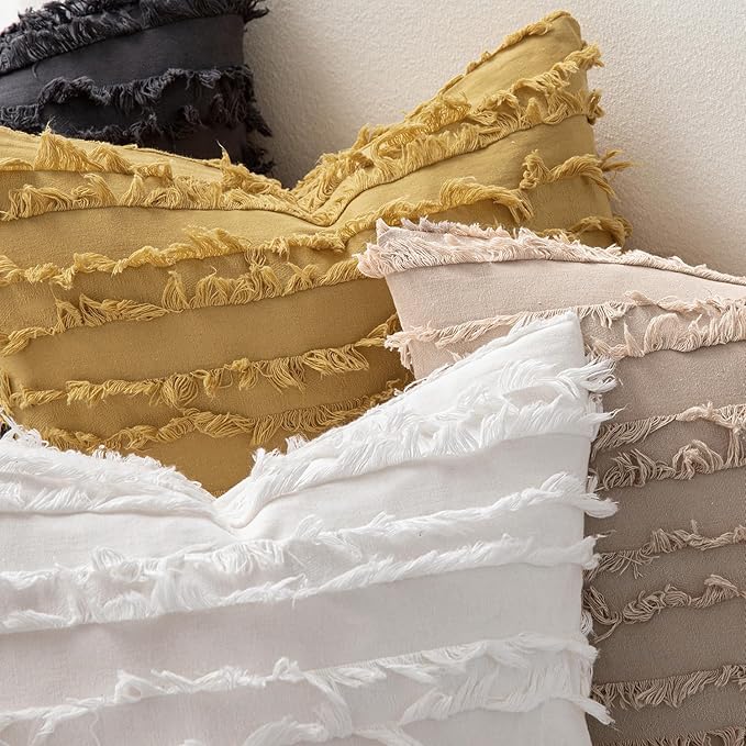 MIULEE Set of 2 Decorative Boho Throw Pillow Covers Spring Linen Striped Jacquard Pattern Cushion Covers for Sofa Couch Living Room Bedroom 18x18 Inch Beige