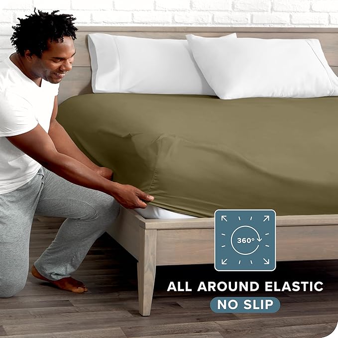 Bare Home Fitted Bottom Sheet Twin Extra Long - Premium 1800 Microfiber - Ultra-Soft Wrinkle Free - Deep Pocket - Twin XL Fitted Sheet (Twin XL, Olive)
