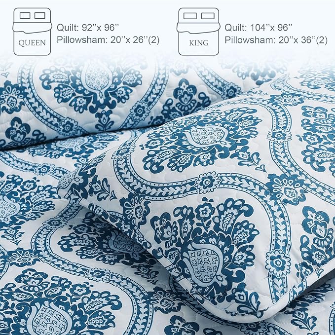 Exclusivo Mezcla Reversible Boho Quilts Queen Size, Blue Bedspreads Lightweight Coverlet All Season Damask Quilt Bedding Set with Printed Floral Pattern (1 Quilt, 2 Pillow Shams)