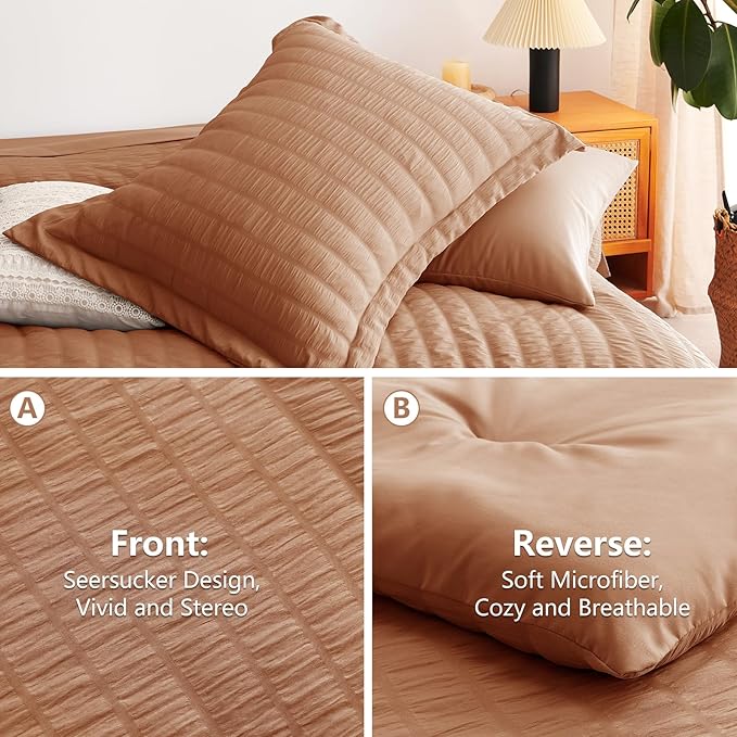 CozyLux Full Size Comforter Sets with Sheets Seersucker 7 Pieces Pumpkin Bed in a Bag Textured Luxury Soft Bedding Set with Down Alternative Comforter, Sheets, Pillowcases & Shams for All Seasons