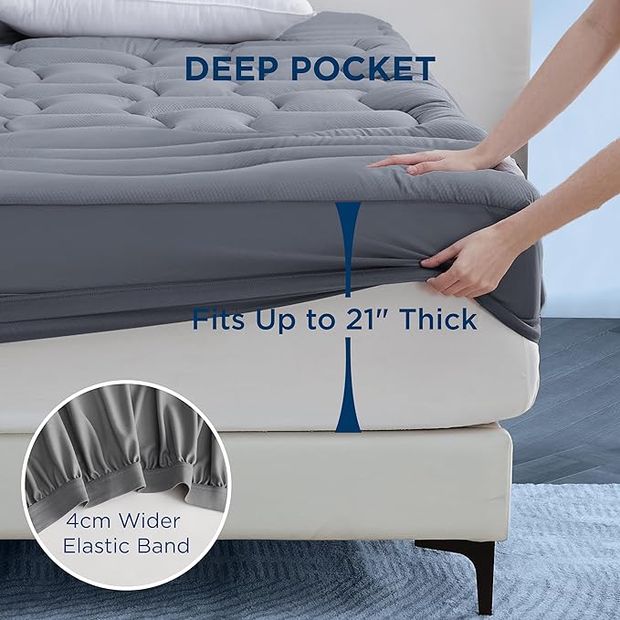 Bedsure Twin Mattress Protector Waterproof - Quilted Fitted Waterproof Mattress Pad Topper with 8-21 Inches Deep Pocket, Noiseless Bed Cover Padded, Machine Washable, Grey, 39x75 Inches