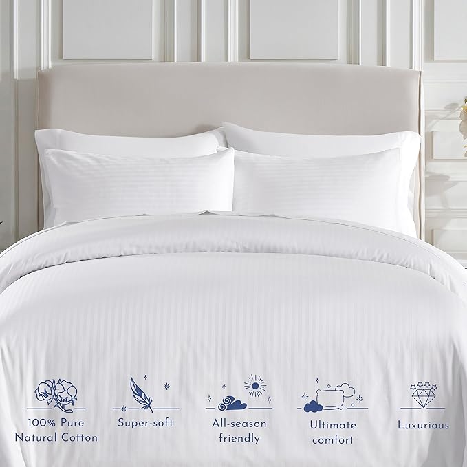 California Design Den Striped White Duvet Cover Queen/Full Only - Premium 400 Thread Count 100% Cotton Duvet Cover Queen, Sateen, Queen Comforter Cover, Button Closure and Corner Ties (Striped White)