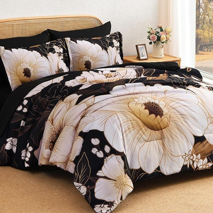 Xruibed Black Glod Floral Comforter Set King Size 7 Pieces Bed in a Bag Flower Bedding Sets Lightweight Boho Bed Set with Sheet,Pillowcases&Shams for All Season