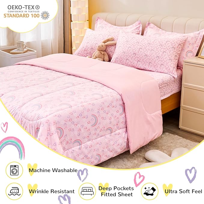 Viviland Kids Twin Bedding Sets for Girls, Soft Twin Comforter Set with Sheets, 5 Pieces Microfiber Bed in a Bag, Pink Heart Rainbow