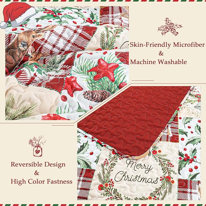Exclusivo Mezcla Reversible Christmas Quilts Twin Size, Red Bedspread Lightweight Coverlet Winter Patchwork Quilt Bedding Set with Printed Reindeer Wreaths Pattern (1 Quilt, 1 Pillow Sham)