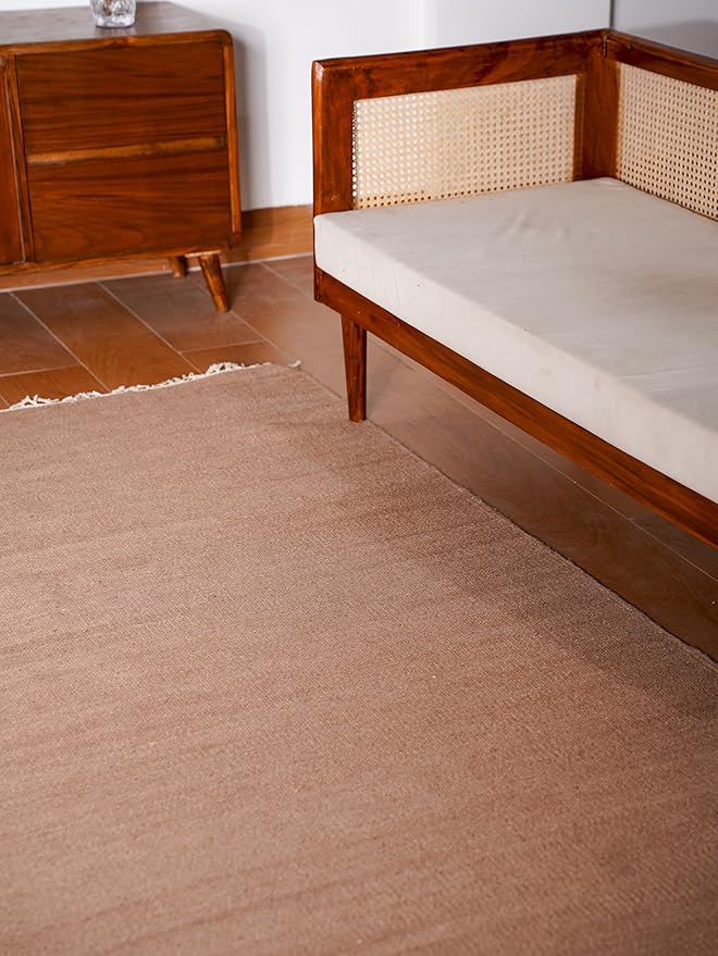 Rugsotic Carpets Hand Woven Flat Weave Kilim Wool ECO-Friendly Area Rugs - 3'x5', Rectangle Shape, Light Brown Color, Solid Plain Design, Low Pile Handmade Rugs for Living Room (D00111)