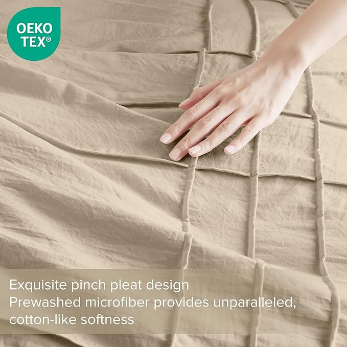 Comfort Spaces Khaki Full Size Duvet Cover Set - 3-pc Pintuck Pleated Duvet Cover, All Season Lightweight, Extra Softness Pre-Washed Microfiber Full Bed Cover Shams, Full