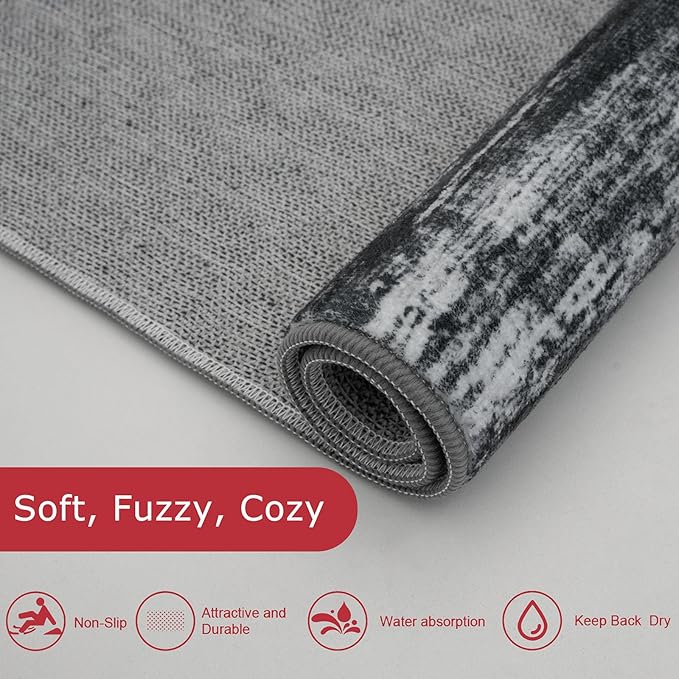 KOZYFLY Modern Abstract Washable Rug Runner 2.6x14 Hallway Rug Runner Non-Slip Soft Kitchen Runner Rugs, Black Navy Blue Grey Striped Carpet for Entryway Bathroom Laundry Room Foyer