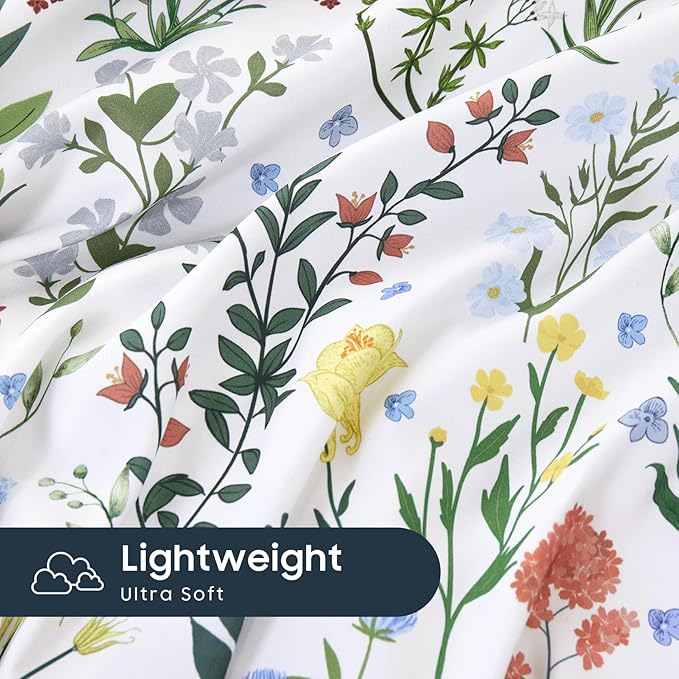 Wake In Cloud - Floral Duvet Cover Set, Shabby Chic Cottage Garden Botanical Flower Style with Elegant Wildflower Pattern, Soft Lightweight Bedding, 3 Pieces, Multicolor Green, Queen Size