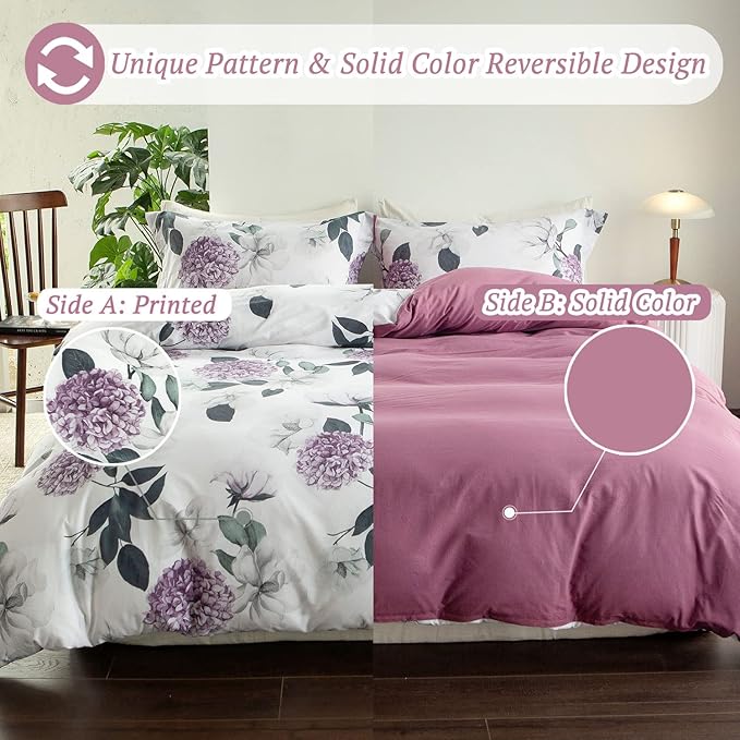 MILDLY 100% Washed Cotton Duvet Cover - Hydrangea Floral Comforter Cover Set Botanical Flower Pattern Bedding Set with Zipper Closure