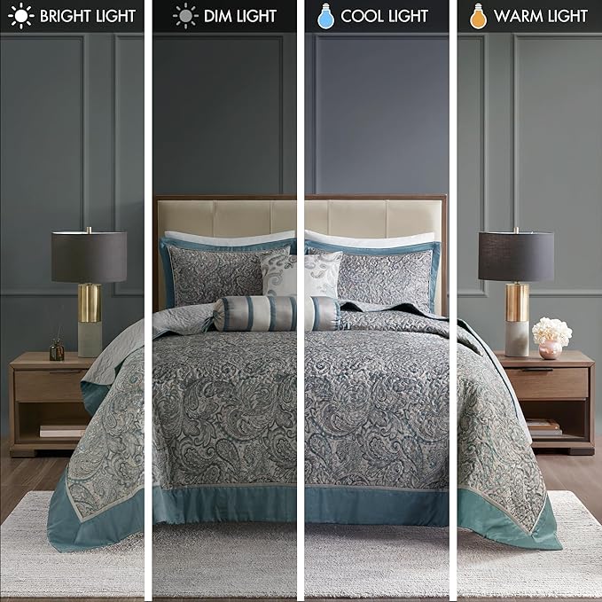Madison Park Aubrey Reversible Quilted Bedspread Set, Solid Reverse Summer Breathable, Lightweight All Season Bedding Layer, Matching Shams, Bedspread Queen(102"x118") Teal 5 Piece