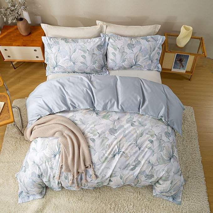 OAITE Duvet Cover Set Queen Size Floral Pattern Ultra Soft 100% Cotton Duvet Cover Sets 3-PC, Breathable Duvet Cover with Zipper Closure & Corner Ties(2 Pillow Shams,1 Duvet Cover)
