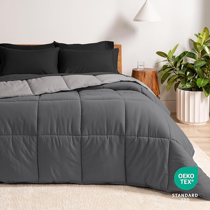 Bare Home Reversible Bed-in-A-Bag Comforter & Sheet Set - King - Down Alternative - Soft - Bedding Set (King, Grey/Light Grey, Black)