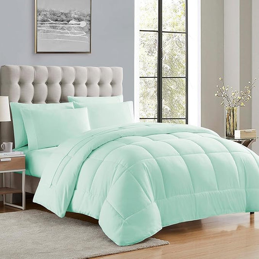 Sweet Home Collection 7 Piece Comforter Set Bag Solid Color All Season Soft Down Alternative Blanket & Luxurious Microfiber Bed Sheets, Mint, Full