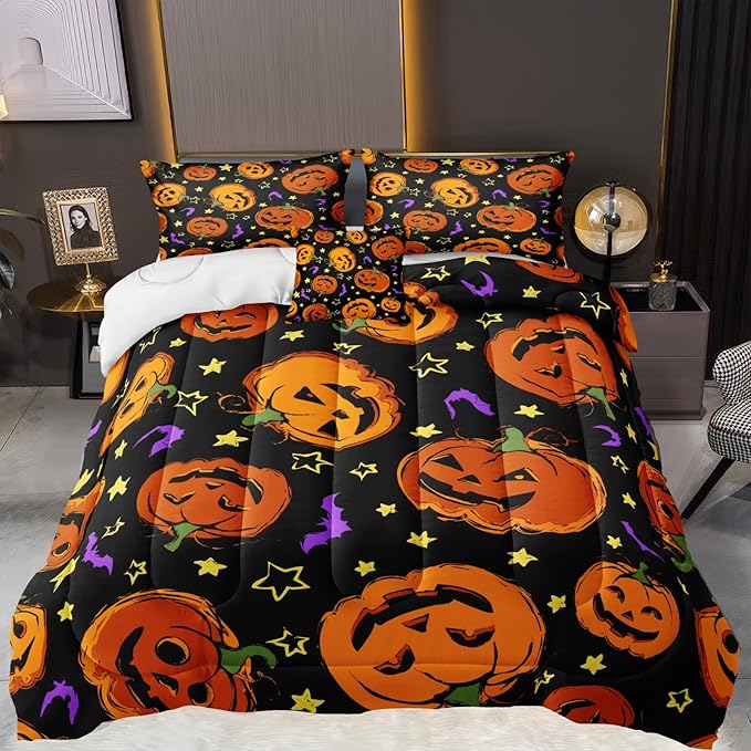 Bedbay Pumpkin Halloween Comforter Set Queen Size Black and Gold Bedding Set Cartoon Pumpkin Festival Themed 4 Pcs Comforter Set Halloween Decorations (Orange,Queen)