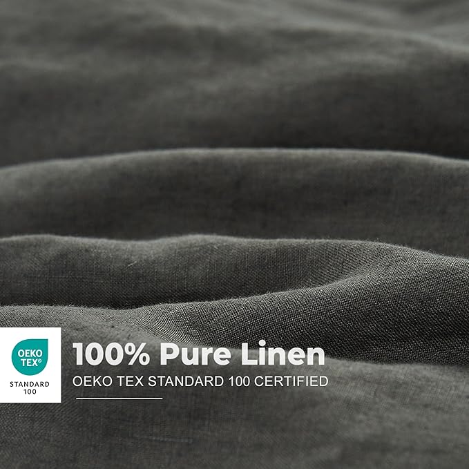 Simple&Opulence 100% Washed Linen Duvet Cover with Embroidered, 3 Pieces Soft Farmhouse Comforter Set with Button Closure,1 Duvet Cover and 2 Pillowshams(Full,Charcoal Grey)
