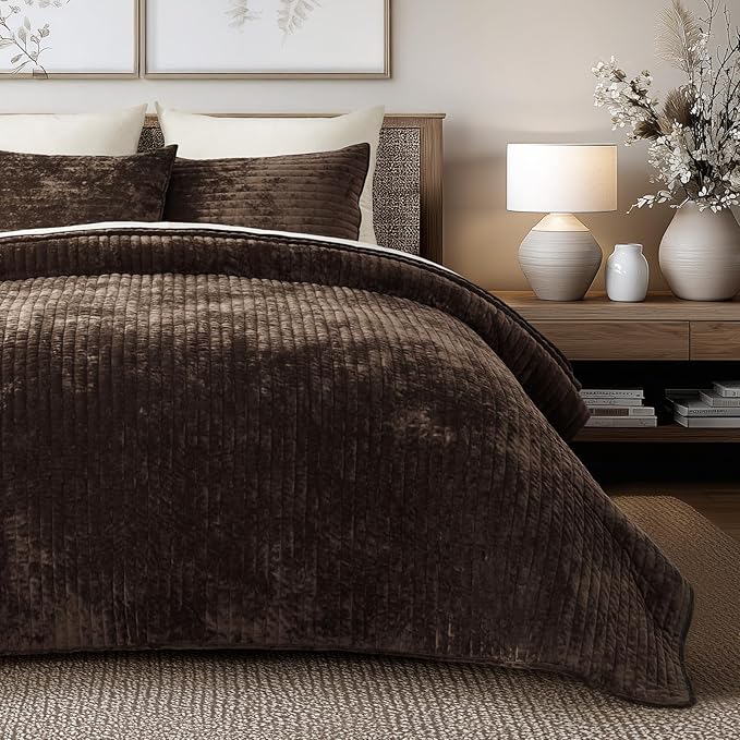 EVERGRACE Velvet Quilt Set King Size, Luxurious Soft Striped Channel Bedding Set, Lightweight Velvet Comforter for All Season, Oversized Bedspread Coverlet with 2 Matching Shams, Walnut Brown